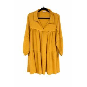 Ces Femme Large Mustard Cotton Gauze Tiered Dress Pockets Boho Cottagecore